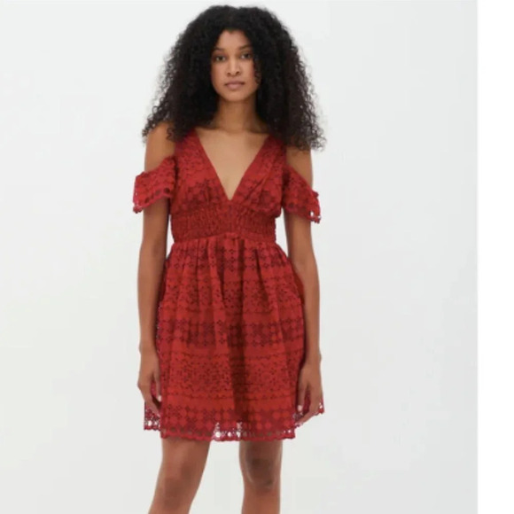 Self Portrait Openwork Lace Eyelet V Neck Dress Red Sz S - Picture 2 of 11